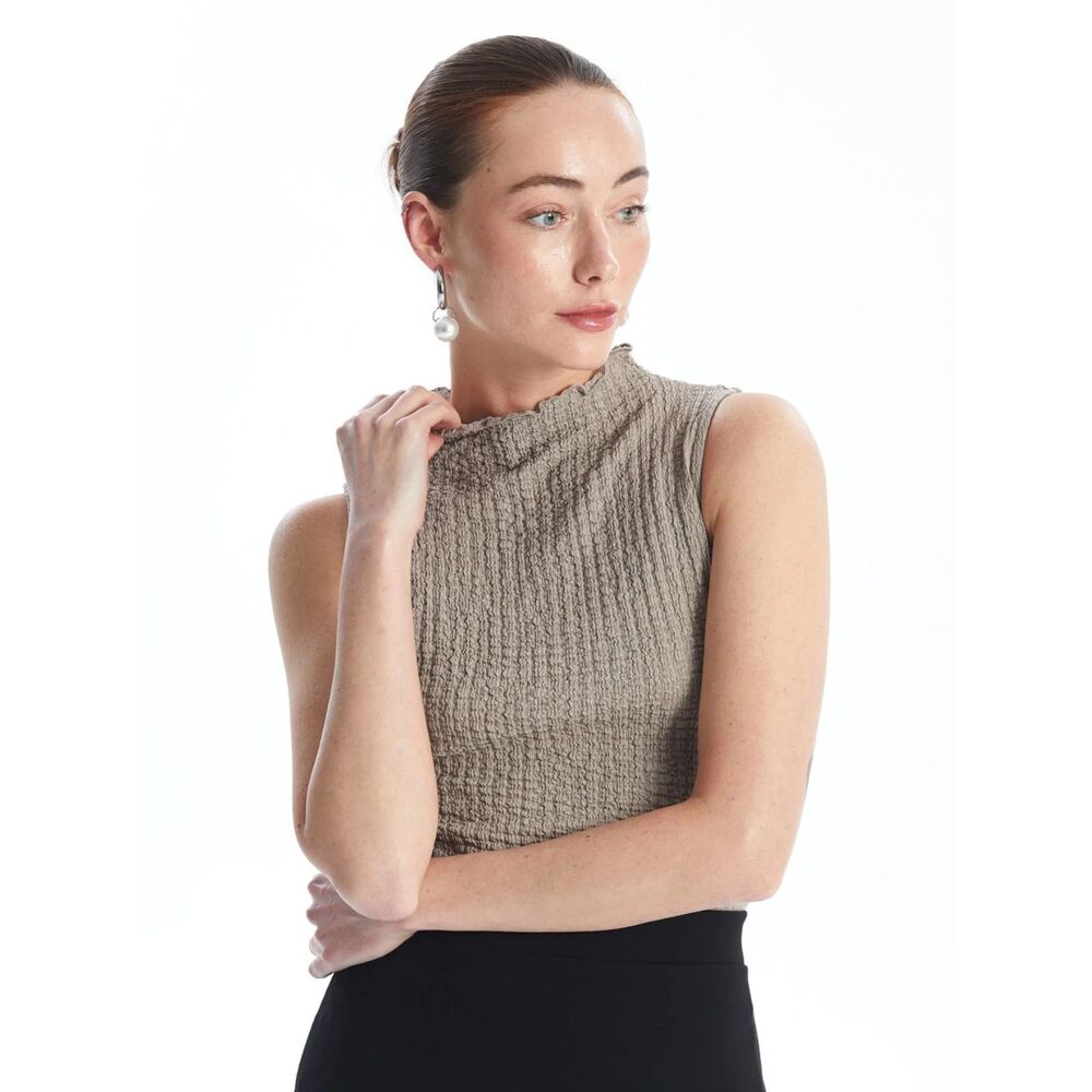 Muse Republic Clothing Taupe Textured Mock Neck Sleeveless Top Boho Minimalist